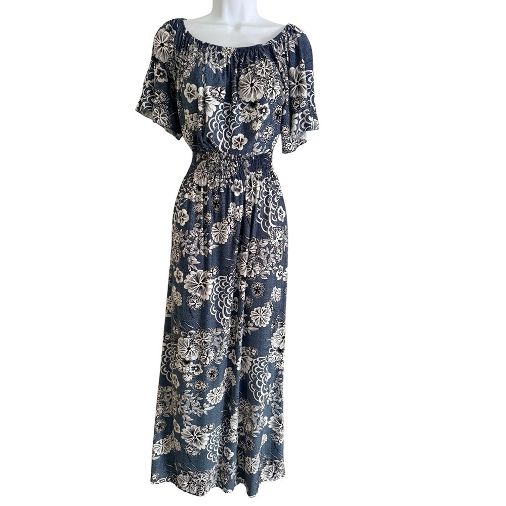 Anthropologie Kindred Floral Maxi Dress L Blue Smocked Waist Boho Cottagecore - Picture 2 of 10